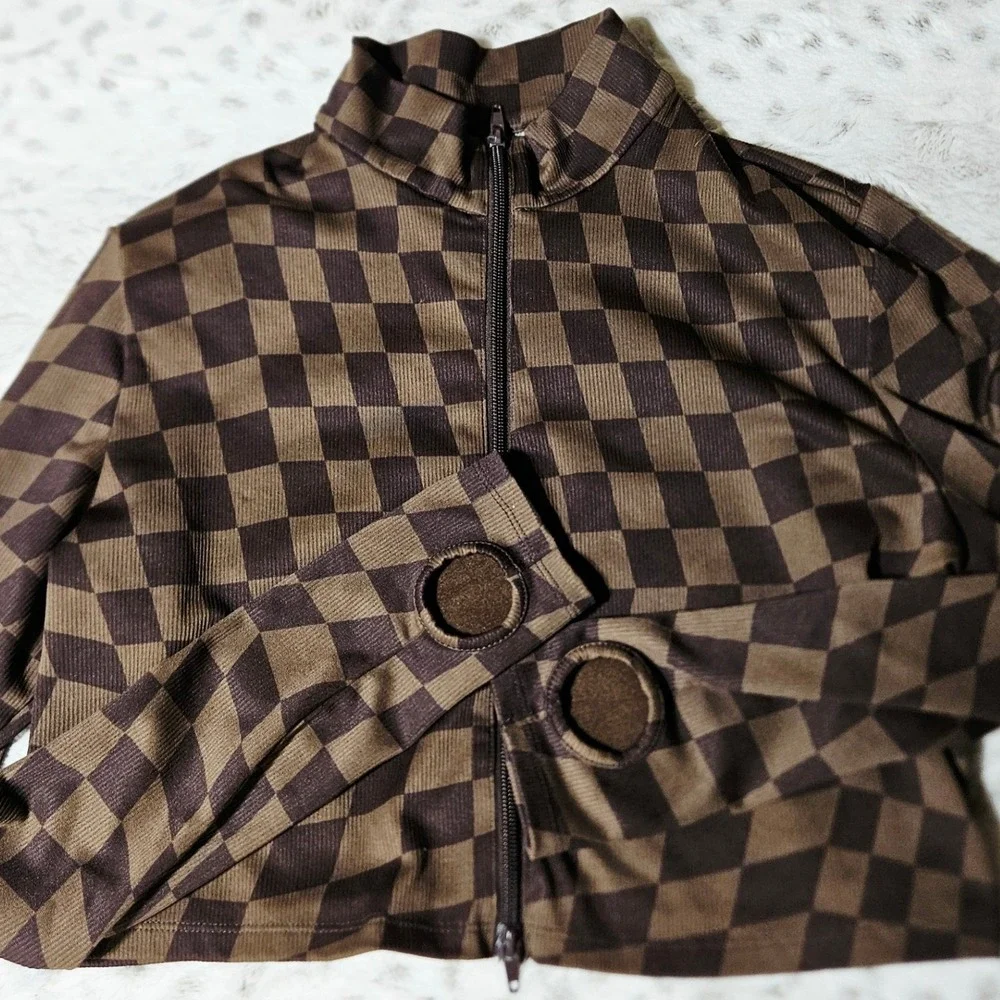 Brown Checkered 2-Way Zip Cropped Jacket XL Indie Y2K Streetwear Grunge Gorpcore